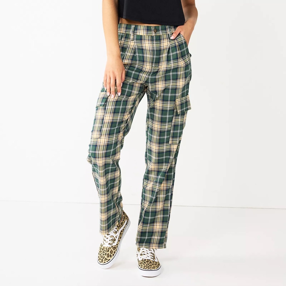 Juniors' SO® Plaid Green and Cream Straight Leg Cargo Pants Punk Grunge Vibes
